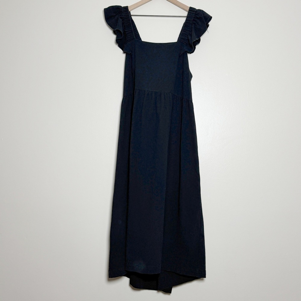 H&M Womens Cotton Midi Dress XXL Black Ruffle Sleeve Back Tie Cut Out Boho Sun